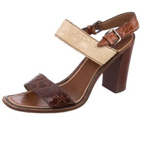 PRADA Gorgeous Alligator Leather Brown Cream Wood Stacked 4” Heel sandals 40 10